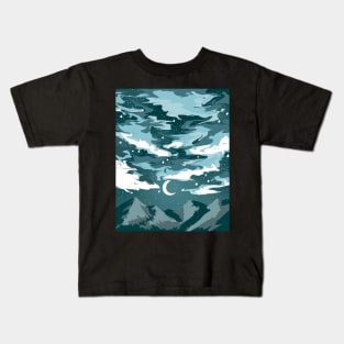 Teal cloudy sky above mountains with a crescent moon Kids T-Shirt
